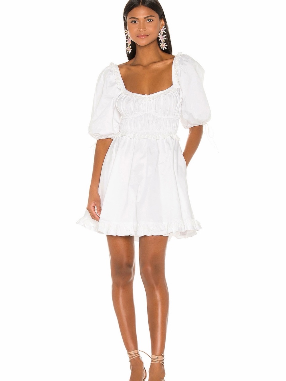 For Love & Lemons White Puff-Sleeve Eyelet Mini Dress